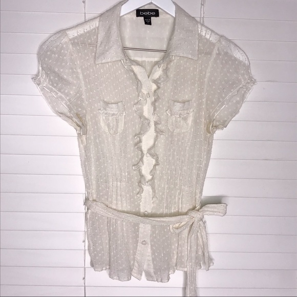 Bebe Ruffle Front Polka Dot Button Down With Tye - Picture 1 of 6